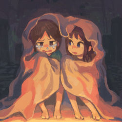 Rule 34 | 2girls, barefoot, blue eyes, brown eyes, brown hair, commentary request, crying, crying with eyes open, full body, green shirt, indoors, long hair, muji (uimss), multiple girls, night, open mouth, original, shared blanket, shirt, short hair, sitting, tears