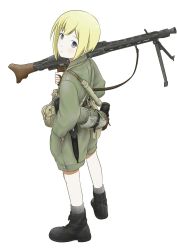 Rule 34 | 1girl, alternate costume, bayonet, blonde hair, blue eyes, boots, canteen, erica hartmann, from above, gun, gun sling, hand in pocket, highres, looking at viewer, looking back, looking up, machine gun, magazine (weapon), mardjan, mg42, military, military uniform, short hair, simple background, solo, strike witches, uniform, weapon, white background, world war ii, world witches series