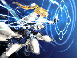 Rule 34 | 1boy, arm up, belt, black background, black gloves, blue eyes, electricity, english text, fighting stance, fingerless gloves, gameplay mechanics, gloves, guilty gear, guilty gear xrd, hair between eyes, highres, huge weapon, ky kiske, lightning, long hair, magic, magic circle, male focus, multiple belts, orippa, ponytail, serious, sword, weapon, wind