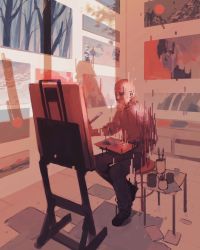 Rule 34 | 1boy, bald, beard, canvas (object), facial hair, holding, holding brush, holding paintbrush, indoors, litarnes, male focus, old, old man, original, paintbrush, painting (action), painting (object), paper, signature, sitting, solo, stool, white hair