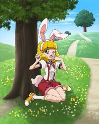Rule 34 | 1girl, animal ears, blonde hair, fake animal ears, highres, kise yayoi, long hair, official art, one eye closed, precure, precure connection puzzlun, rabbit ears, rabbit tail, red shorts, shoes, shorts, sitting, smile precure!, sneakers, socks, solo, suspenders, tail, third-party source, tree, wariza, yawning, yellow eyes, yellow footwear