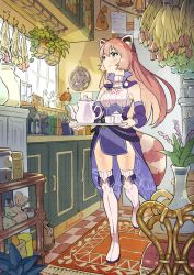 Rule 34 | 1girl, absurdres, animal ear fluff, animal ears, bamboo, closed mouth, cup, detached sleeves, green eyes, groin, hair between eyes, highres, holding, holding cup, indie virtual youtuber, japanese clothes, kimono, kitchen, kyouyasai4423, long hair, no panties, panda ears, sleeveless, sleeveless kimono, smile, solo, tea, teacup, teapot, virtual youtuber, white legwear, yuria of ailurus