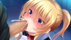 Rule 34 | 1girl, :&gt;=, blonde hair, blue eyes, blush, censored, cum, cum in mouth, drooling, ejaculation, embarrassed, fellatio, from above, game cg, huracan, indoors, kyonyuu onna shikan sennou saimin, lisa lindy, long hair, looking at another, lune (company), mosaic censoring, oral, orgasm, original, out of frame, penis, saliva, sitting, twintails, uniform, upper body