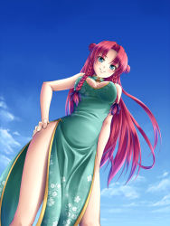 Rule 34 | 1girl, alternate costume, alternate hairstyle, bad id, bad pixiv id, blue eyes, blush, braid, breasts, china dress, chinese clothes, cleavage, cleavage cutout, clothing cutout, day, double bun, dress, embodiment of scarlet devil, female focus, floral print, from below, hand on own hip, highres, hip focus, hong meiling, large breasts, legs, long hair, looking down, mochi.f, red hair, side slit, sky, smile, solo, standing, touhou, twin braids
