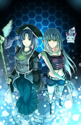 Rule 34 | 2girls, belt, blue eyes, blue hair, breasts, choker, cleavage, delsaber, fomarl, forehead jewel, from above, green eyes, highres, holding, holding weapon, hunewearl, long hair, looking at viewer, magic circle, multiple girls, phantasy star, phantasy star online, pointy ears, short hair, shorts, silver hair, single glove, staff, sword, tank top, weapon, wide sleeves, wristband