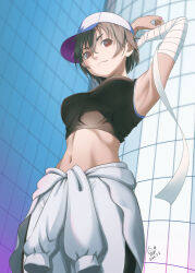 Rule 34 | 1girl, :3, abs, armpits, arms behind head, arms up, artist name, bandaged arm, bandages, baseball cap, black hair, black pants, black sports bra, blue hat, breasts, brown eyes, building, closed mouth, clothes around waist, commentary, cowboy shot, dated, eyelashes, from below, hair between eyes, hat, huumoon, kanbaru suruga, looking afar, looking to the side, loose bandages, medium breasts, midriff, monogatari (series), multicolored clothes, multicolored hat, navel, outdoors, pants, purple hat, short hair, signature, skyscraper, smile, solo, sports bra, standing, stretching, sweater, sweater around waist, thick eyebrows, tomboy, toned, white hat, white sweater