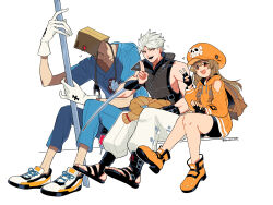 Rule 34 | 1girl, 2boys, arm blade, bag, bare shoulders, bike shorts, black gloves, blue shirt, brown eyes, brown hair, cabbie hat, chipp zanuff, doctor, faust (guilty gear), fingerless gloves, gloves, glowing, glowing eye, guilty gear, guilty gear strive, hand gesture, hat, hat ornament, highres, hood, hoodie, long fingers, long hair, looking at viewer, may (guilty gear), multiple boys, ninja, open mouth, orange footwear, orange headwear, orange hoodie, pants, paper bag, red eyes, samecan fa, scalpel, shirt, simple background, skull and crossbones, skull hat ornament, sleeveless, sleeveless shirt, smile, stethoscope, weapon, white hair, white pants
