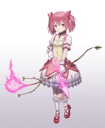 Rule 34 | 1girl, absurdres, ankle ribbon, ankle strap, arrow (projectile), bow, bow (weapon), breasts, choker, closed mouth, collarbone, dress, dress bow, expressionless, fire, flower, frilled dress, frilled gloves, frilled sleeves, frilled socks, frills, full body, gloves, glowing, glowing weapon, gradient background, hair between eyes, hair bow, hair ornament, highres, holding, holding arrow, holding bow (weapon), holding weapon, kaname madoka, leg ribbon, light blush, looking at viewer, magical girl, mahou shoujo madoka magica, mahou shoujo madoka magica (anime), medium hair, multicolored clothes, multicolored dress, pink bow, pink dress, pink eyes, pink fire, pink hair, puffy dress, puffy short sleeves, puffy sleeves, red choker, red footwear, ribbon, shimizu tomoki, short dress, short sleeves, sidelocks, simple background, small breasts, socks, solo, soul gem, staff, twintails, v-shaped eyebrows, weapon, white background, white dress, white gloves, white socks, yellow dress