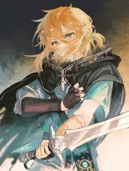 Rule 34 | 1boy, bag, black cape, black gloves, blonde hair, blue eyes, brk93, cape, closed mouth, commentary, fingerless gloves, gloves, green shirt, hair between eyes, highres, holding, holding sword, holding weapon, layered shirt, layered sleeves, link, long sleeves, looking at viewer, male focus, master sword, medium hair, nintendo, piercing, pointy ears, shirt, short over long sleeves, short sleeves, shoulder bag, sidelocks, solo, sword, the legend of zelda, the legend of zelda: breath of the wild, upper body, weapon