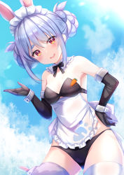 Rule 34 | 1girl, animal ears, apron, bare shoulders, bikini, black bikini, black bow, black bowtie, black gloves, blue sky, bow, bowtie, breasts, carrot print, commentary request, cowboy shot, detached collar, don-chan (usada pekora), double bun, elbow gloves, food print, frilled apron, frills, gloves, hair bun, hand on own hip, hand up, highres, hololive, looking at viewer, maid headdress, medium breasts, multicolored hair, open mouth, rabbit-shaped pupils, rabbit ears, rabbit girl, red eyes, short eyebrows, sidelocks, sky, smile, solo, standing, swimsuit, symbol-shaped pupils, teeth, thick eyebrows, thighhighs, two-tone hair, upper teeth only, usada pekora, virtual youtuber, white apron, white hair, white thighhighs, wrist cuffs, yuano