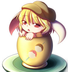 Rule 34 | 1girl, absurdres, animal ears, beret, blonde hair, chestnut mouth, cup, dango, dior-zi, floppy ears, food, hat, highres, in container, in cup, mini person, minigirl, open mouth, rabbit ears, red eyes, ringo (touhou), solo, touhou, wagashi