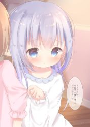 Rule 34 | 2girls, blue eyes, blue hair, blurry, blurry background, blush, brown hair, closed mouth, clothes grab, commentary request, depth of field, dress, gochuumon wa usagi desu ka?, hair between eyes, hand up, highres, hoto cocoa, indoors, kafuu chino, long hair, long sleeves, multiple girls, out of frame, pajamas, pink shirt, rin (fuwarin), shirt, sleeve grab, sleeves past wrists, solo focus, translation request, white dress, wooden floor