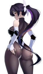 Rule 34 | 1girl, ass, azur lane, bare shoulders, black hair, bodystocking, bow, breasts, commentary request, cowboy shot, elbow gloves, fingerless gloves, from behind, gloves, hair bow, hand on own ass, highres, large breasts, long hair, looking at viewer, looking back, multicolored hair, multicolored leotard, official alternate costume, purple hair, race queen, revision, simple background, solo, spread ass, takao (azur lane), takao (full throttle charmer) (azur lane), tomoyuki hino, two-tone hair, two-tone leotard, very long hair, white background, white bow, yellow eyes