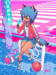 Rule 34 | 1girl, absurdres, alexi ansell, animal ears, animal nose, artist name, bag, ball, basketball, basketball (object), brand new animal, commentary, crosswalk, dated, dolphin shorts, duffel bag, english commentary, food, full body, furry, furry female, highres, jacket, kagemori michiru, popsicle, raccoon ears, raccoon girl, raccoon tail, red jacket, shoes, shorts, sitting, smile, sneakers, solo, tail, track jacket, translation request