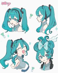 Rule 34 | 4girls, :3, :p, arms at sides, bare shoulders, blue bow, blue eyes, blue hair, blue necktie, blush, bow, cinnamiku, closed eyes, closed mouth, collared shirt, cropped torso, dot nose, grey shirt, hair between eyes, hair bow, hair ornament, hatsune miku, headphones, headphones around neck, headset, highres, logo, long hair, looking ahead, looking at viewer, minazuki (minaduki 0318), multiple girls, multiple persona, necktie, number tattoo, open mouth, profile, shirt, sidelocks, simple background, sleeveless, sleeveless shirt, smile, tattoo, tongue, tongue out, twintails, updo, very long hair, vocaloid, white background