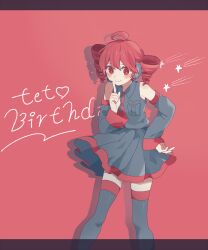 Rule 34 | 1girl, antenna hair, bare shoulders, boots, detached sleeves, drill hair, grey footwear, grey shirt, grey skirt, hand on own hip, hand to own mouth, headset, highres, index finger raised, kasane teto, maco22, pleated skirt, red background, red eyes, red hair, shirt, skirt, sleeveless, sleeveless shirt, solo, thigh boots, twin drills, two-tone footwear, two-tone shirt, two-tone skirt, utau