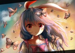 Rule 34 | 1girl, :o, alternate hairstyle, animal ears, bad id, bad pixiv id, blue dress, blue hair, bow, bowtie, bug, butterfly, butterfly on head, cloud, commentary, dress, dutch angle, gradient sky, hair between eyes, hair blowing, insect, kayon (touzoku), letterboxed, long hair, looking at viewer, outdoors, pink bow, pink bowtie, rabbit ears, red eyes, seiran (touhou), side ponytail, sky, solo, touhou, twilight, upper body