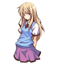 Rule 34 | 10s, 1girl, arms behind back, choco la tea, long hair, looking at viewer, necktie, red eyes, sakura-sou no pet na kanojo, shiina mashiro, simple background, skirt, solo, sweater vest, white background