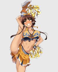 Rule 34 | 1girl, absurdres, arm up, armpits, breasts, brown eyes, brown hair, cheerleader, cleavage, clenched teeth, clothes writing, commentary request, cowboy shot, crop top, crop top overhang, grey background, highres, holding, holding pom poms, jovejun, kneepits, large breasts, long hair, midriff, miniskirt, navel, orange panties, original, panties, pleated skirt, pom poms, shirt, shoes, skirt, sleeveless, sleeveless shirt, sneakers, split, standing, standing on one leg, standing split, sweat, teeth, tsubomioka happa, underwear