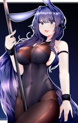 Rule 34 | 1girl, :d, absurdres, animal ears, armband, azur lane, bare shoulders, black leotard, black pantyhose, blue eyes, blue hair, breasts, cleavage, fake animal ears, gradient legwear, highres, huge filesize, large breasts, leotard, long hair, navel, new jersey (azur lane), new jersey (exhilarating steps!) (azur lane), official alternate costume, open mouth, pantyhose, playboy bunny, pole, rabbit ears, samip, see-through, see-through cleavage, sideboob, smile, solo, stripper pole, teeth, upper teeth only, very long hair, wrist cuffs
