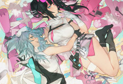 Rule 34 | 2girls, absurdres, aqua hair, bandaged arm, bandaged hand, bandages, bbsinday, belt, black gloves, black hair, black socks, blue eyes, blush, breasts, chest harness, chest strap, cleavage, closed mouth, dress, from side, full body, girls&#039; frontline, girls&#039; frontline neural cloud, gloves, grin, hair bun, harness, hat, headphones, heterochromia, highres, large breasts, lips, long hair, looking at viewer, multicolored hair, multiple girls, nurse, nurse cap, official alternate costume, open mouth, pa-15 (girls&#039; frontline), parted lips, pink hair, single hair bun, smile, socks, streaked hair, teeth, thighs, toy, twintails, two-tone hair, upper body, upper teeth only, vee (neural cloud), white dress