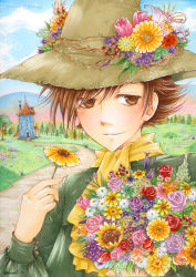 Rule 34 | 1boy, animification, bouquet, brown eyes, brown hair, dark-persian, day, flower, hat, hat flower, male focus, marker (medium), md5 mismatch, moomin, rose, scarf, signature, sky, snufkin, solo, sunflower, traditional media, tulip, upper body