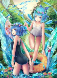 Rule 34 | 2girls, alternate costume, ass, bare legs, bare shoulders, barefoot, blue eyes, blue hair, blush, bow, cirno, competition swimsuit, cucumber, fantasy, flower, hair bobbles, hair bow, hair flower, hair ornament, head wreath, highres, hourainingyou, ice, icicle, innertube, kawashiro nitori, looking at viewer, mechanical arms, multiple girls, nature, one-piece swimsuit, partially submerged, school swimsuit, short hair, single mechanical arm, smile, swim ring, swimsuit, touhou, twintails, two side up, water, waterfall, wreath