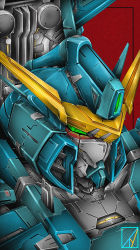 black_border border calamity_gundam denjyou23 green_eyes gundam gundam_seed highres looking_ahead mecha mobile_suit no_humans portrait robot science_fiction solo v-fin