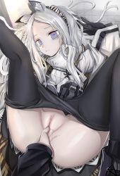 Rule 34 | 1girl, animal ear fluff, animal ears, anus, arknights, black gloves, black pantyhose, blue eyes, cleft of venus, closed mouth, clothes pull, coat, fingering, gloves, hairband, heavyrain (arknights), highres, long hair, long sleeves, looking at viewer, lying, messy hair, nopetroto, on back, pantyhose, pantyhose pull, parted bangs, pussy, pussy juice, sidelocks, solo focus, spread legs, thighs, white coat, white hair, wide sleeves, zebra ears