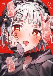 1girl aruminsuko black_choker black_jacket choker food hair_ornament hairclip heart heart-shaped_pupils highres jacket jewelry meat original piercing red_background red_eyes ring solo symbol-shaped_pupils tongue tongue_out tongue_piercing white_hair