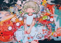 Rule 34 | 1girl, abstract, abstract background, ebisu eika, feet out of frame, hito (nito563), light blue dress, open mouth, platinum blonde hair, puffy short sleeves, puffy sleeves, red eyes, short hair, short sleeves, smile, solo, touhou