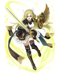Rule 34 | 1girl, armor, armored boots, black dress, black gloves, black neckwear, blonde hair, boots, breasts, brown thighhighs, dress, floating hair, full body, gloves, green eyes, hair ornament, holding, holding shield, holding sword, holding weapon, large breasts, layered dress, leg up, log horizon, long hair, look (log horizon), looking at viewer, official art, open mouth, pointy ears, red-framed eyewear, semi-rimless eyewear, shield, short dress, solo, sword, thighhighs, transparent background, under-rim eyewear, very long hair, weapon