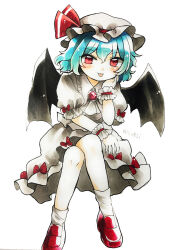 Rule 34 | 1girl, ascot, bat wings, black wings, blue hair, breasts, brooch, collared shirt, crossed legs, frilled shirt collar, frilled skirt, frilled sleeves, frills, full body, hair between eyes, hand on own cheek, hand on own face, hat, hat ribbon, jewelry, looking at viewer, maa (forsythia1729), medium hair, mob cap, puffy short sleeves, puffy sleeves, red brooch, red eyes, red footwear, red ribbon, remilia scarlet, ribbon, shirt, short sleeves, simple background, skirt, small breasts, socks, solo, tongue, tongue out, touhou, v-shaped eyebrows, white ascot, white background, white hat, white shirt, white skirt, white socks, wings, wrist cuffs