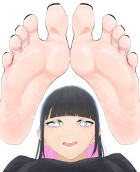 Rule 34 | 1girl, barefoot, black hair, blue eyes, feet, lipstick, long hair, looking at viewer, makeup, multicolored hair, open mouth, soles, toes, two-tone hair