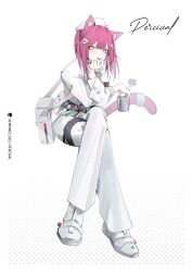 Rule 34 | 1girl, :p, absurdres, animal ears, arknights, artist name, bag, belt, cat ears, cat girl, cat tail, character name, cup, formal, hair ornament, hat, highres, holding, holding cup, khrnnfz, looking at viewer, pants, percival (arknights), pink hair, shirt, simple background, suit, tail, tongue, tongue out, white hair, white hat, white pants, white shirt, white suit, yellow eyes