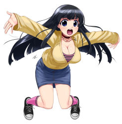 Rule 34 | 1girl, black hair, blue eyes, blunt bangs, blush, breasts, cleavage, collar, converse, denim, denim skirt, full body, hime cut, jewelry, jumping, kneehighs, large breasts, long hair, mizuki gyokuran, necklace, open mouth, original, outstretched arms, pencil skirt, shoes, simple background, skirt, smile, sneakers, socks, solo, spread arms, sweater, v-neck