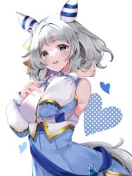 Rule 34 | 1girl, animal ears, blush, breasts, brown eyes, commentary request, detached sleeves, gem, grey hair, hand in own hair, heart, highres, hishi miracle (umamusume), horse ears, horse tail, looking at viewer, medium breasts, medium hair, open mouth, sash, simple background, solo, tail, umamusume, white background, yuanagae