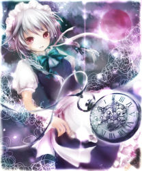 Rule 34 | 1girl, apron, bow, braid, clock, dress, dress shirt, embodiment of scarlet devil, female focus, full moon, gloves, gradient background, hair bow, hair ribbon, izayoi sakuya, maid, maid apron, maid headdress, moon, pocket watch, red eyes, ribbon, setsu, shirt, silver hair, solo, thighhighs, touhou, twin braids, watch, wrist cuffs