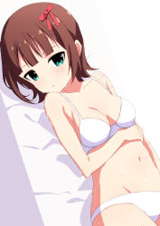 Rule 34 | 1girl, amami haruka, bad id, bad pixiv id, bare arms, bare shoulders, bed sheet, bow, bra, breasts, brown hair, cleavage, collarbone, commentary request, green eyes, groin, hair bow, idolmaster, idolmaster (classic), looking at viewer, lying, medium breasts, navel, on back, oueo, panties, parted lips, red bow, solo, sweat, underwear, underwear only, white background, white bra, white panties