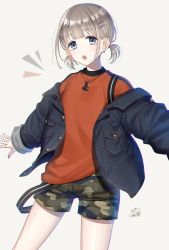 Rule 34 | 1girl, :o, animal print, blue background, blue eyes, blue jacket, camouflage, camouflage shorts, commentary request, denim, denim jacket, earrings, grey hair, hair ornament, hairclip, head tilt, highres, idolmaster, idolmaster shiny colors, jacket, jewelry, long sleeves, looking at viewer, low twintails, mairo, off shoulder, open mouth, orange shirt, rabbit print, serizawa asahi, shirt, short hair, shorts, sidelocks, simple background, solo, suspenders, twintails, white background