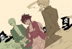 Rule 34 | 3boys, cigarette, crossed arms, earrings, flag, green theme, hair over one eye, hand in pocket, haramaki, hat, image sample, jewelry, jolly roger, male focus, monkey d. luffy, multiple boys, one-eyed, one eye closed, one piece, open clothes, open shirt, pirate, pixiv sample, red shirt, red theme, robe, rokkasana, roronoa zoro, sanji (one piece), scar, sheath, sheathed, shirt, smoking, stampede string, straw hat, yellow theme