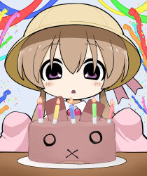 Rule 34 | 1girl, birthday, birthday cake, blush, brown hair, cake, candle, commentary request, confetti, food, grey background, hat, highres, long hair, long sleeves, looking at food, low twintails, open mouth, purple eyes, school hat, simple background, sleeves past fingers, sleeves past wrists, solo, straight-on, streamers, table, tsukuyomi ai, twintails, upper body, voiceroid, yellow hat, yunji