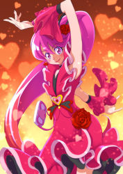 Rule 34 | 10s, 1girl, aino megumi, alternate form, arm up, brooch, cure lovely, cure lovely (cherry flamenco), detached sleeves, dress, earrings, flower, frills, hair flower, hair ornament, happinesscharge precure!, heart, heart background, heart brooch, jewelry, kaoru348, long hair, magical girl, orange background, pink eyes, pink hair, ponytail, precure, red dress, red flower, red rose, rose, solo, wide ponytail