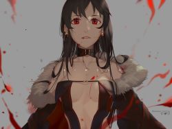 Rule 34 | 1girl, artist name, bare shoulders, blood, blood on breasts, blood on face, blurry, blurry foreground, breasts, brown hair, center opening, choker, cleavage, yu mei-ren (fate), depth of field, earrings, fate/grand order, fate (series), fur collar, fur trim, hair between eyes, jewelry, long hair, looking at viewer, medium breasts, navel, red eyes, reichiou, revealing clothes, text focus