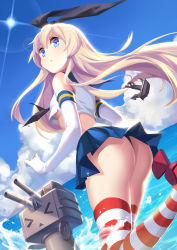 Rule 34 | &gt; &lt;, 10s, 1girl, :o, anchor, ass, bad id, bad pixiv id, blonde hair, blue eyes, blue skirt, breasts, closed eyes, crop top, crop top overhang, diffraction spikes, elbow gloves, gloves, hairband, highres, kantai collection, lens flare, long hair, looking at viewer, looking back, midriff, ocean, rensouhou-chan, revision, shimakaze (kancolle), skirt, small breasts, stella chen yui, striped clothes, striped thighhighs, sun, thighhighs, thong, underboob, white gloves