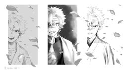 Rule 34 | 1boy, age progression, akka nbe11, angry, child, clenched teeth, closed mouth, demon slayer uniform, falling leaves, greyscale, haori, happy, head out of frame, japanese clothes, kimetsu no yaiba, kimono, leaf, looking at viewer, male focus, monochrome, multiple views, open mouth, portrait, scar, scar on chest, scar on face, scar on forehead, scar on nose, shinazugawa sanemi, short hair, smile, spoilers, straight-on, teeth