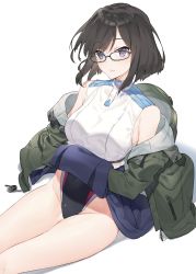 Rule 34 | 1girl, absurdres, bare shoulders, black-framed eyewear, black hair, black one-piece swimsuit, blue eyes, blue skirt, blush, breasts, closed mouth, clothes lift, coat, commentary request, competition swimsuit, glasses, green coat, groin, hayashi kewi, heterochromia, highleg, highleg swimsuit, highres, large breasts, lifted by self, long sleeves, looking at viewer, miniskirt, off shoulder, one-piece swimsuit, open clothes, open coat, original, purple eyes, shirt, short hair, simple background, sitting, skirt, skirt lift, solo, swimsuit, swimsuit under clothes, thighs, upskirt, white background, white shirt