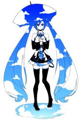 Rule 34 | 1girl, blue eyes, blue theme, cloud, detached sleeves, double exposure, hatsune miku, long hair, monochrome, necktie, pizza (pizzania company), puddle, skirt, sky, sky print, solo, thighhighs, twintails, umbrella, very long hair, vocaloid, water, xpizzeriax, zettai ryouiki