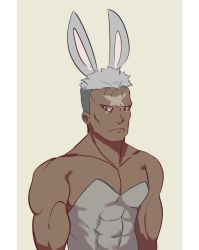 Rule 34 | 1boy, absurdres, animal ears, biceps, commentary, dark-skinned male, dark skin, english commentary, fake animal ears, frown, fullmetal alchemist, grey hair, highres, leotard, looking at viewer, male playboy bunny, muscular, muscular male, rabbit ears, scar, scar (fma), scar on face, scar on forehead, short hair, simple background, solo, strapless, strapless leotard, undercut, upper body, very short hair