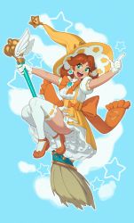 Rule 34 | 1girl, absurdres, alternate costume, ass, blue background, blush, breasts, broom, broom riding, brown hair, flying, gloves, green eyes, hat, highres, legs, lips, long hair, looking at viewer, mario (series), medium breasts, nintendo, open mouth, orange footwear, princess daisy, puffy short sleeves, puffy sleeves, riz, short sleeves, smile, solo, super mario land, teeth, thighhighs, thighs, tomboy, upper teeth only, upskirt, white gloves, white thighhighs, witch hat, yellow hat